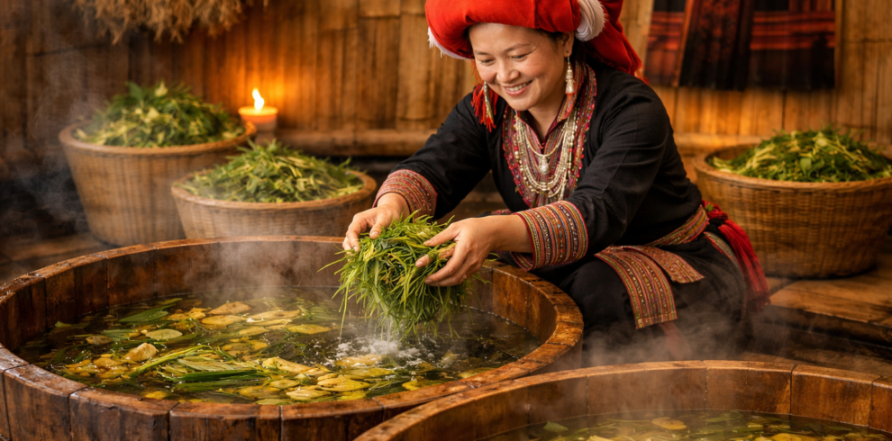 Traditional Red Dao herbal bath with medicinal plants in Ta Van Sapa