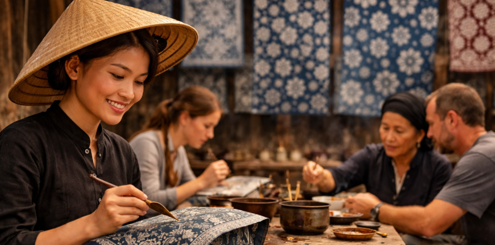 Hmong batik workshop using wax and indigo dye in Ta Van village